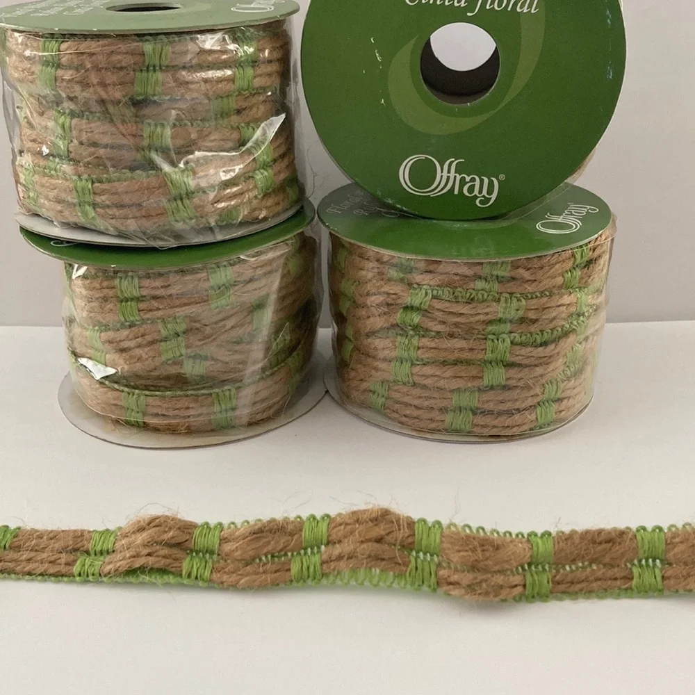 10 Rolls Offray Floral Ribbon Spring Green Jute Brown 1/2 inch